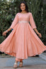Peach Silver Printed Anarkali with Belt and Narrow Pant