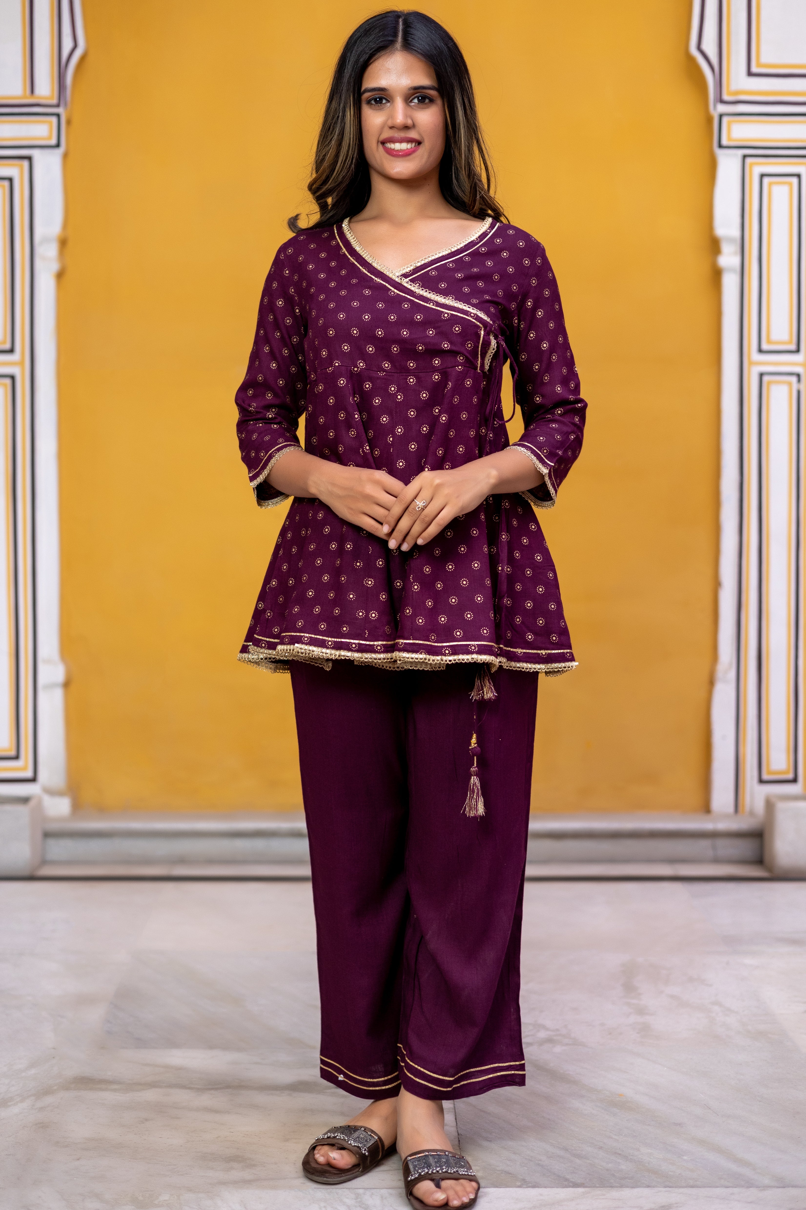 gold-printed-flared-short-kurti-set-in-angarkha-style-in-rayon-slub-with-v-neck-and-quater-sleeves-paired-with-straight-pant