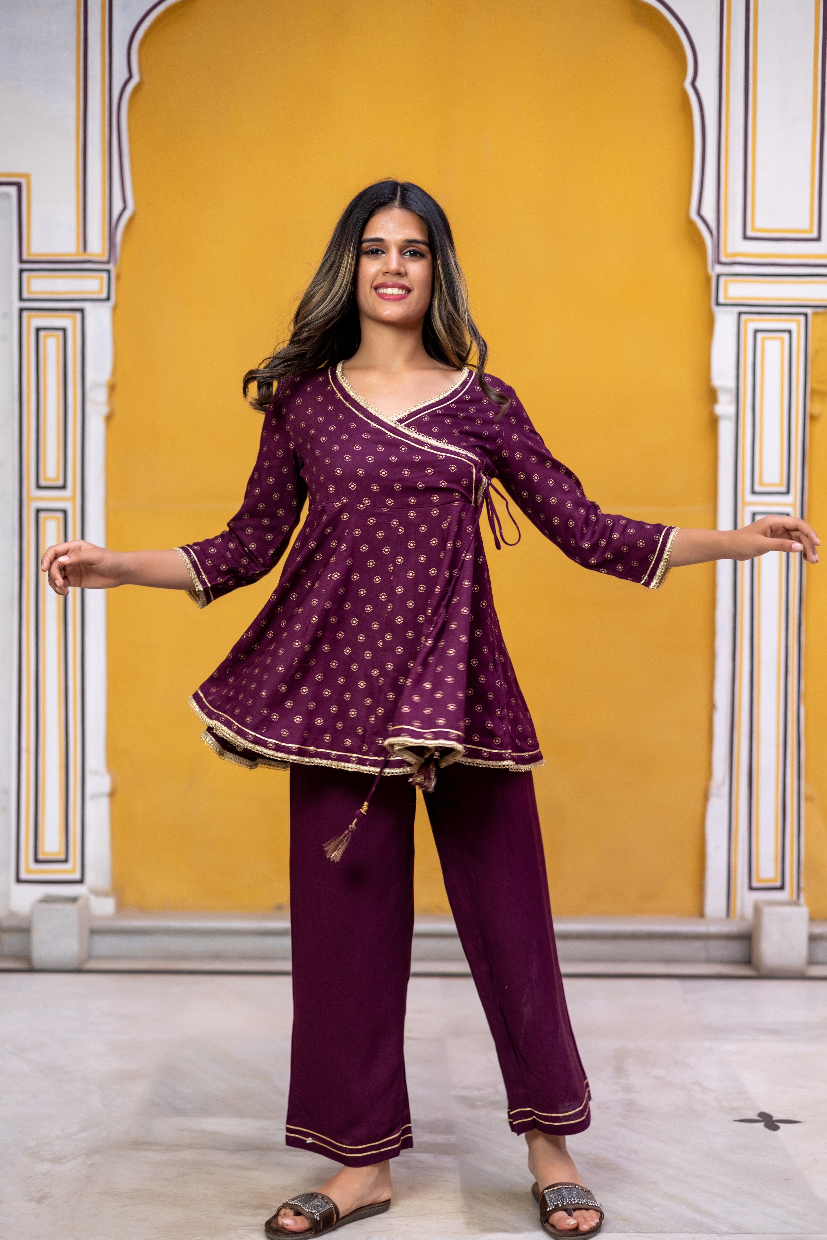 gold-printed-flared-short-kurti-set-in-angarkha-style-in-rayon-slub-with-v-neck-and-quater-sleeves-paired-with-straight-pant
