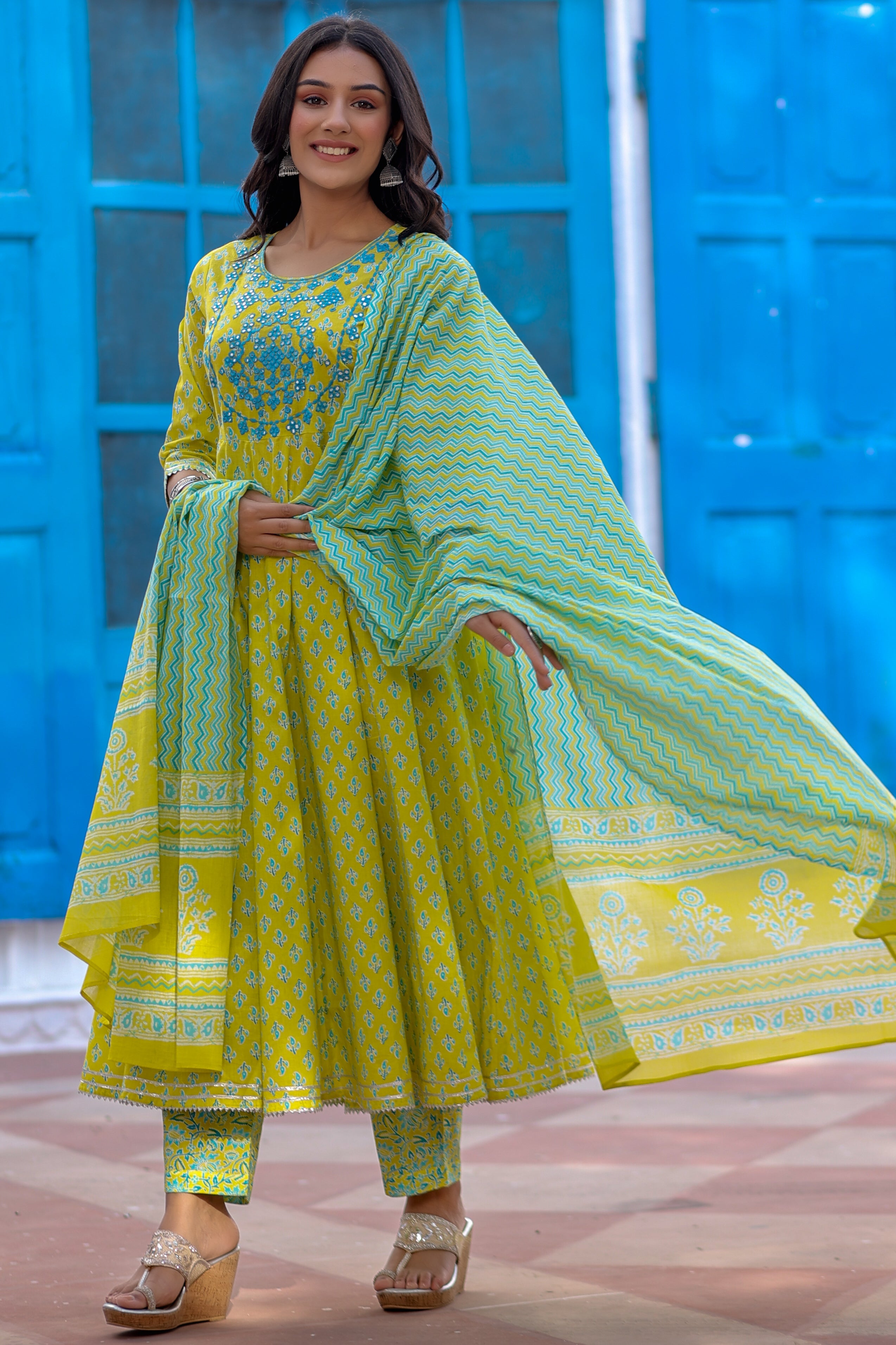 green-cotton-anarkali-with-embroidered-neck-paired-with-pant-and-dupatta