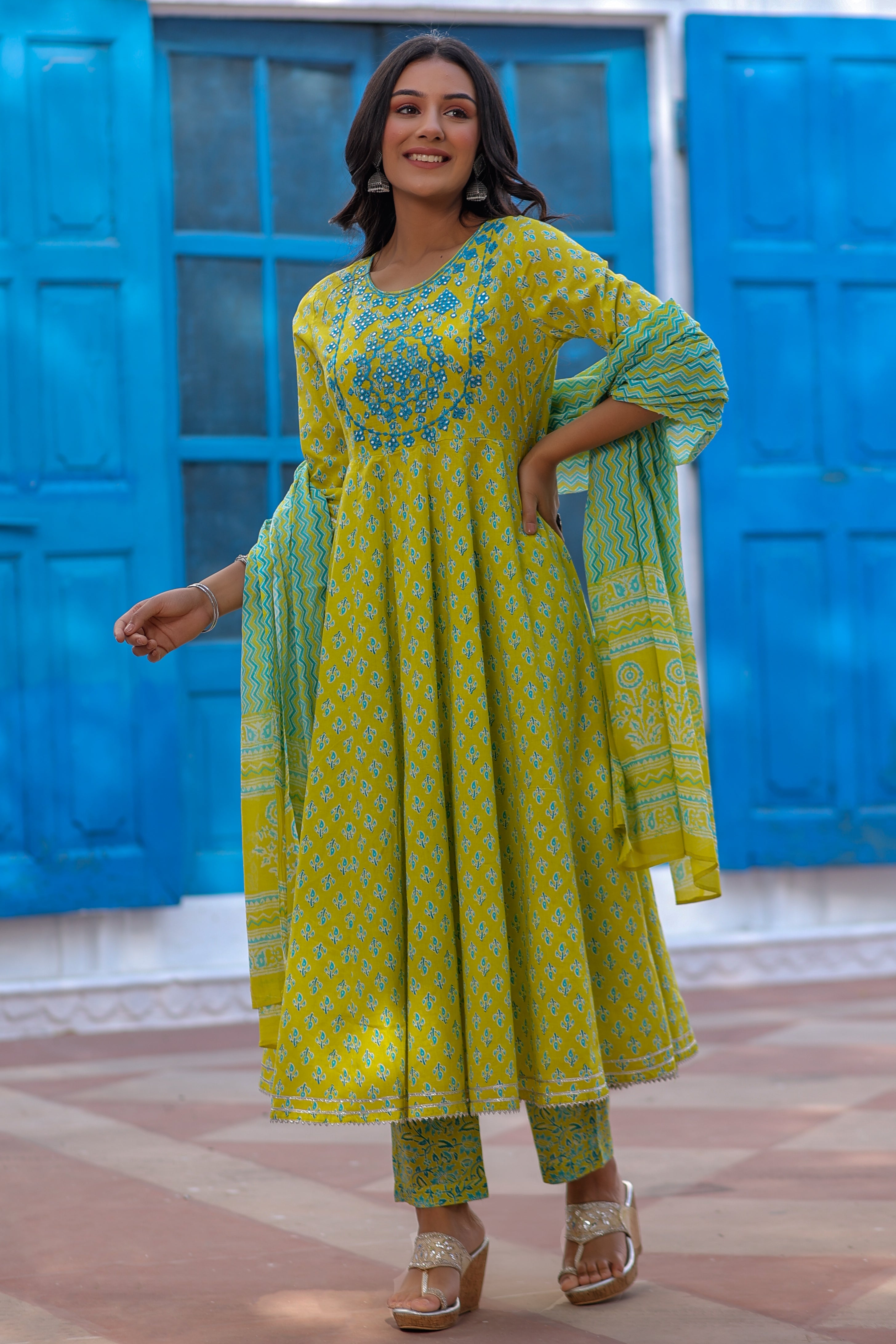 green-cotton-anarkali-with-embroidered-neck-paired-with-pant-and-dupatta