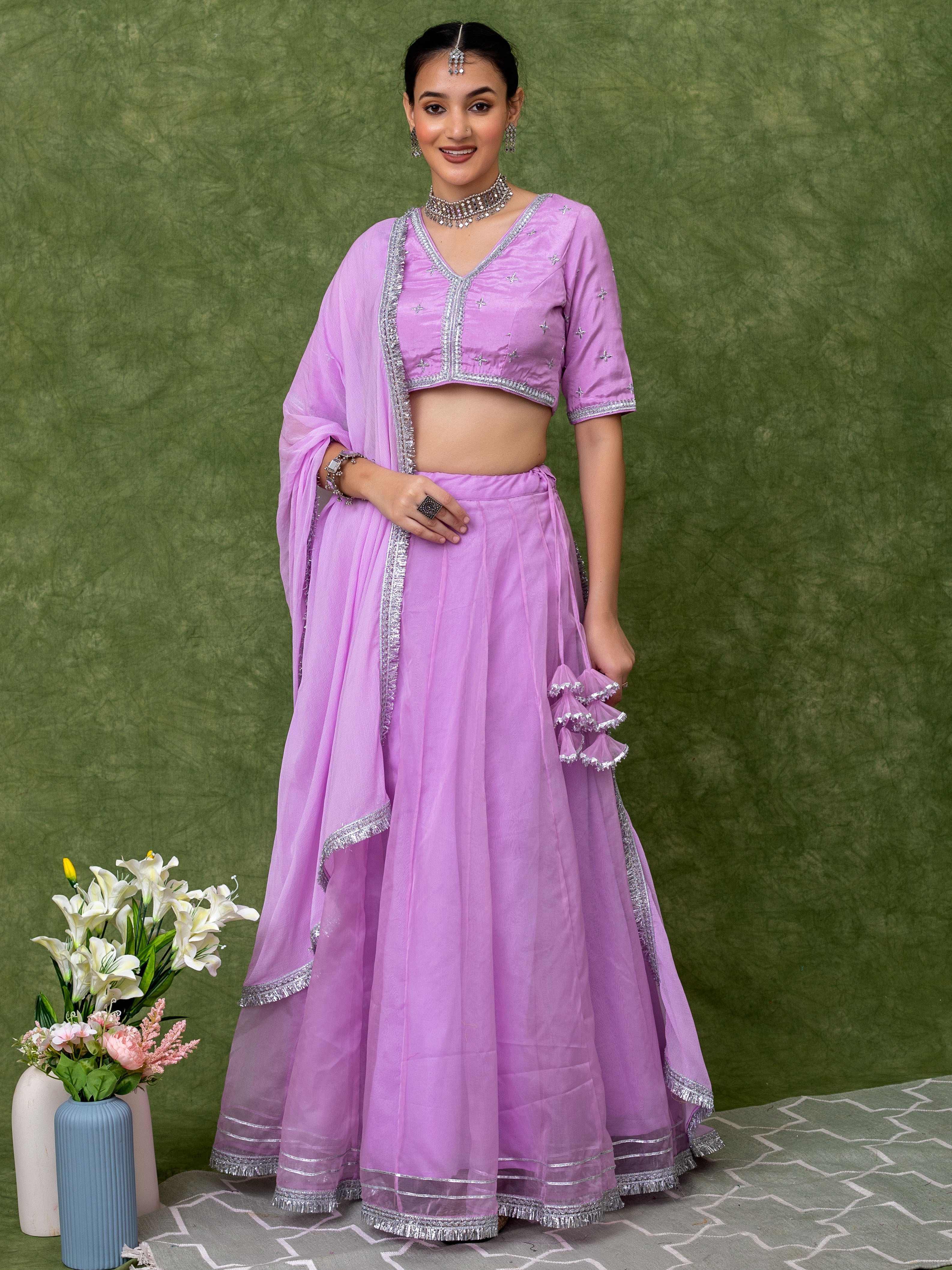 lavender lehenga set with all over silver embroidery and lace blouse