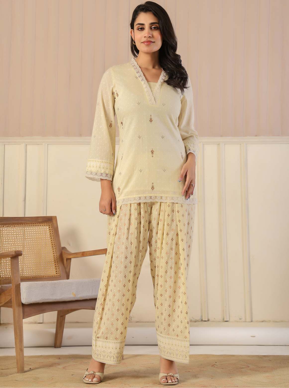 Off White Block Printed Pure Cotton Co-Ord Set by Kasya