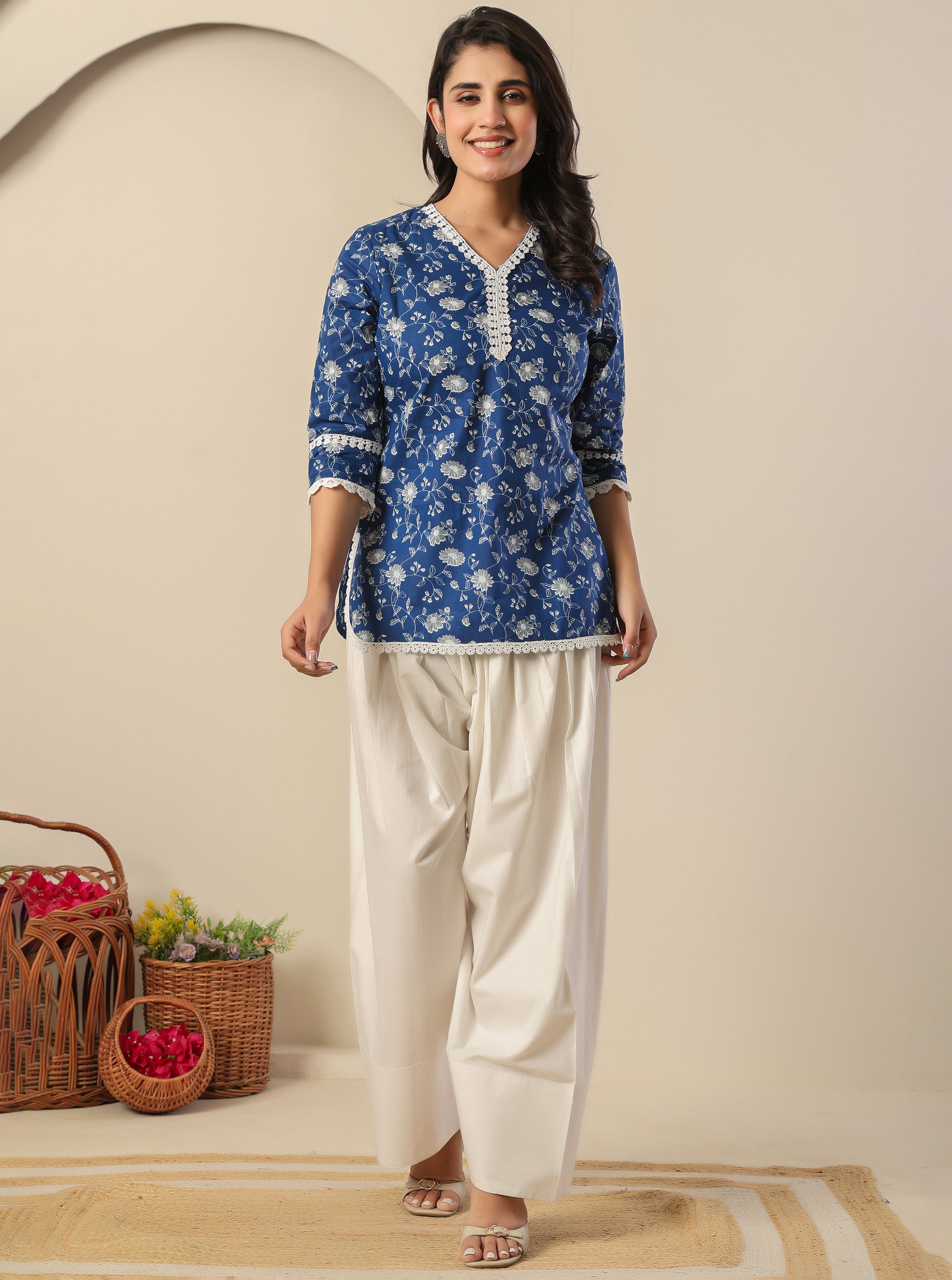 Blue Floral Printed Cotton Farshi Co-Ord Set by Kasya