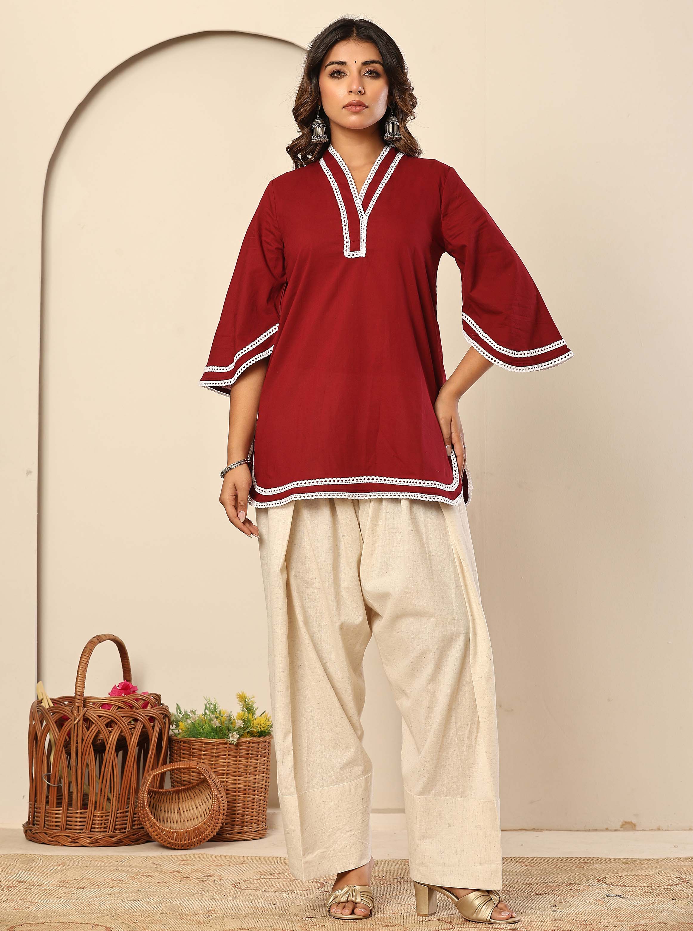 Maroon Solid Pure Cotton Farshi Co-Ord Set by Kasya
