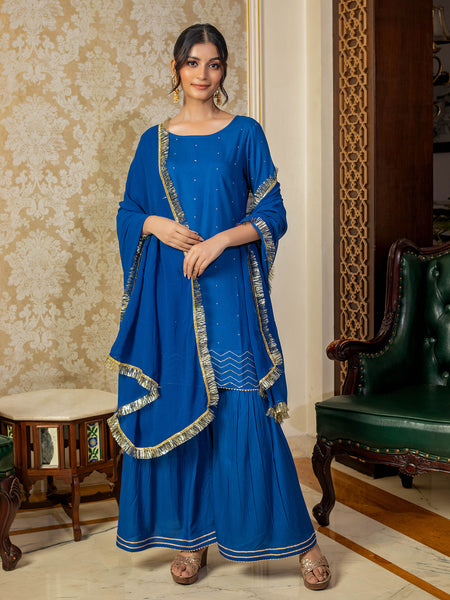 SEQUIN WORK EMBROIDERED BLUE KURTA WITH SHARARA AND DUPATTA (SET OF 3)