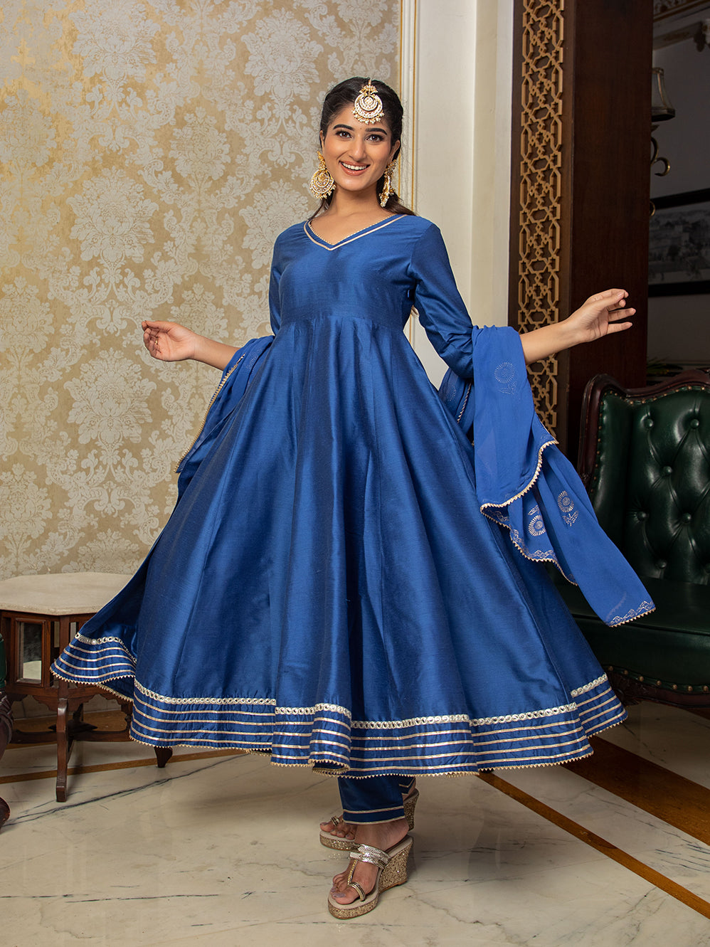 SOLID BLUE  ANARKALI WITH GOLD PRINTED DUPATTA AND PANT