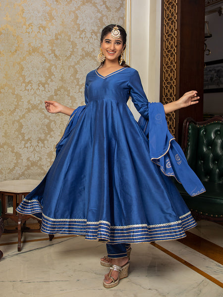 SOLID BLUE  ANARKALI WITH GOLD PRINTED DUPATTA AND PANT