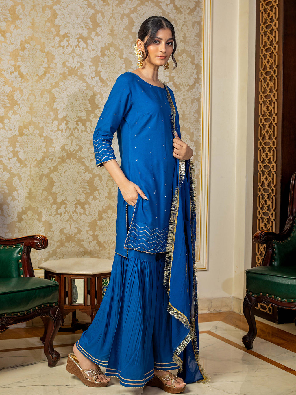 SEQUIN WORK EMBROIDERED BLUE KURTA WITH SHARARA AND DUPATTA (SET OF 3)