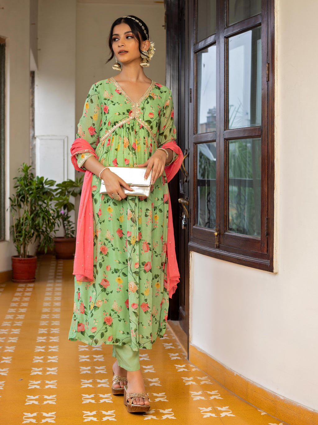 Pastel Green Floral printed Anarkali Set With Embroidered Dupatta