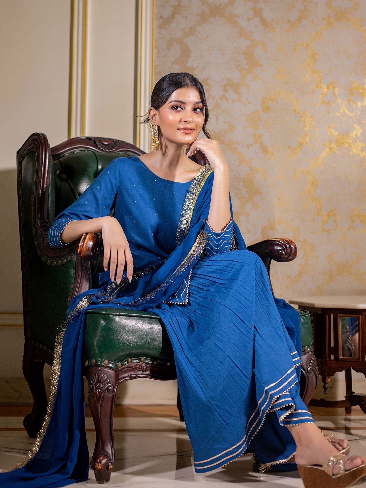 SEQUIN WORK EMBROIDERED BLUE KURTA WITH SHARARA AND DUPATTA (SET OF 3)