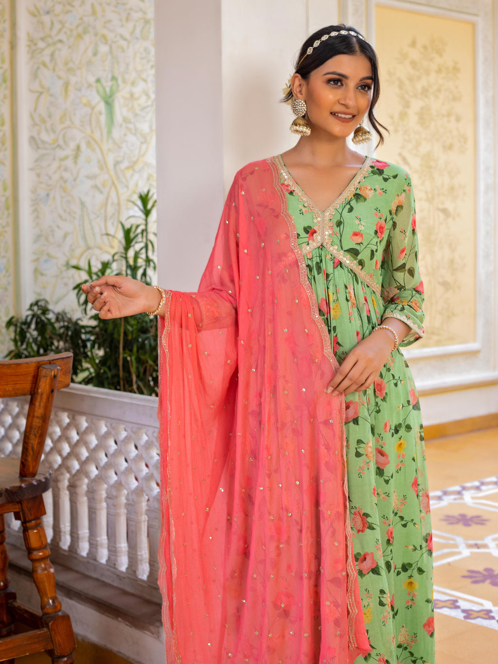 Pastel Green Floral printed Anarkali Set With Embroidered Dupatta