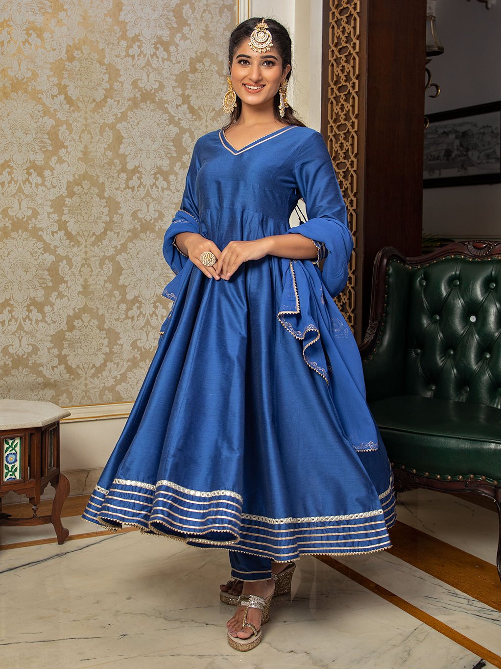 SOLID BLUE  ANARKALI WITH GOLD PRINTED DUPATTA AND PANT