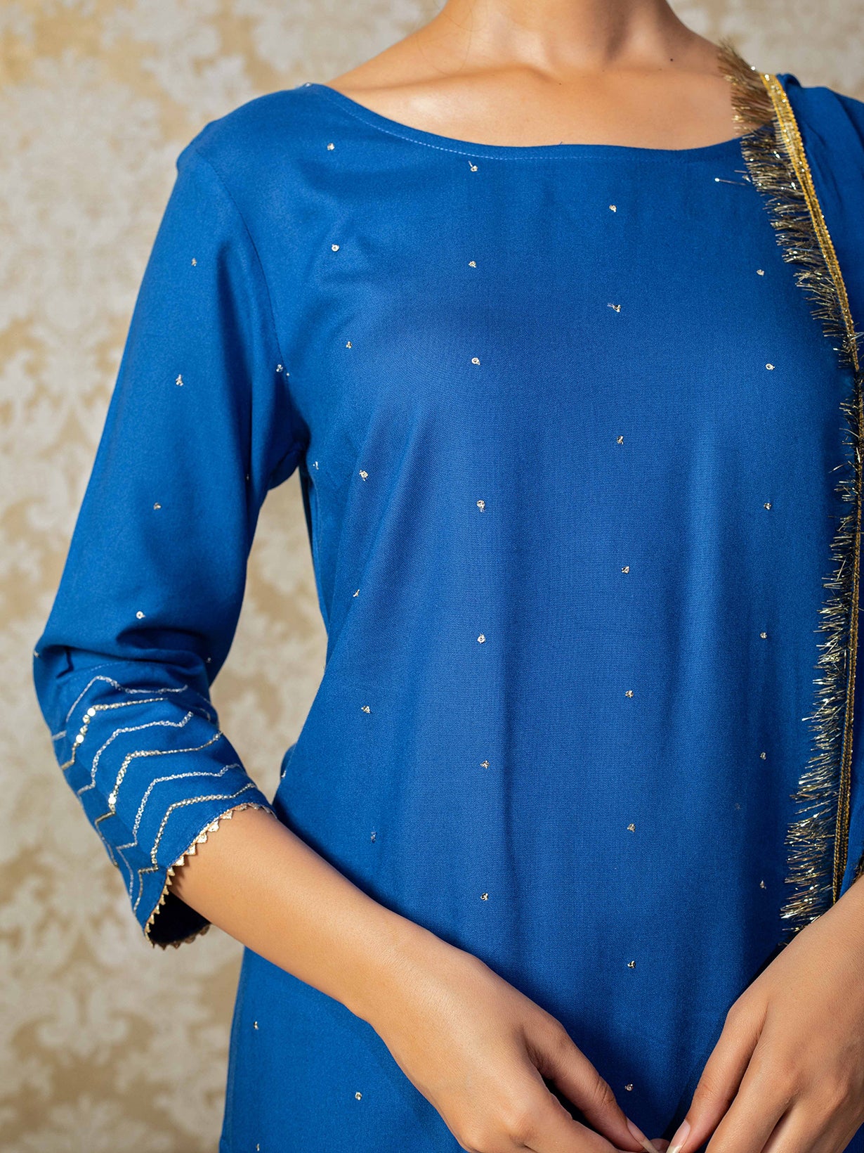 SEQUIN WORK EMBROIDERED BLUE KURTA WITH SHARARA AND DUPATTA (SET OF 3)