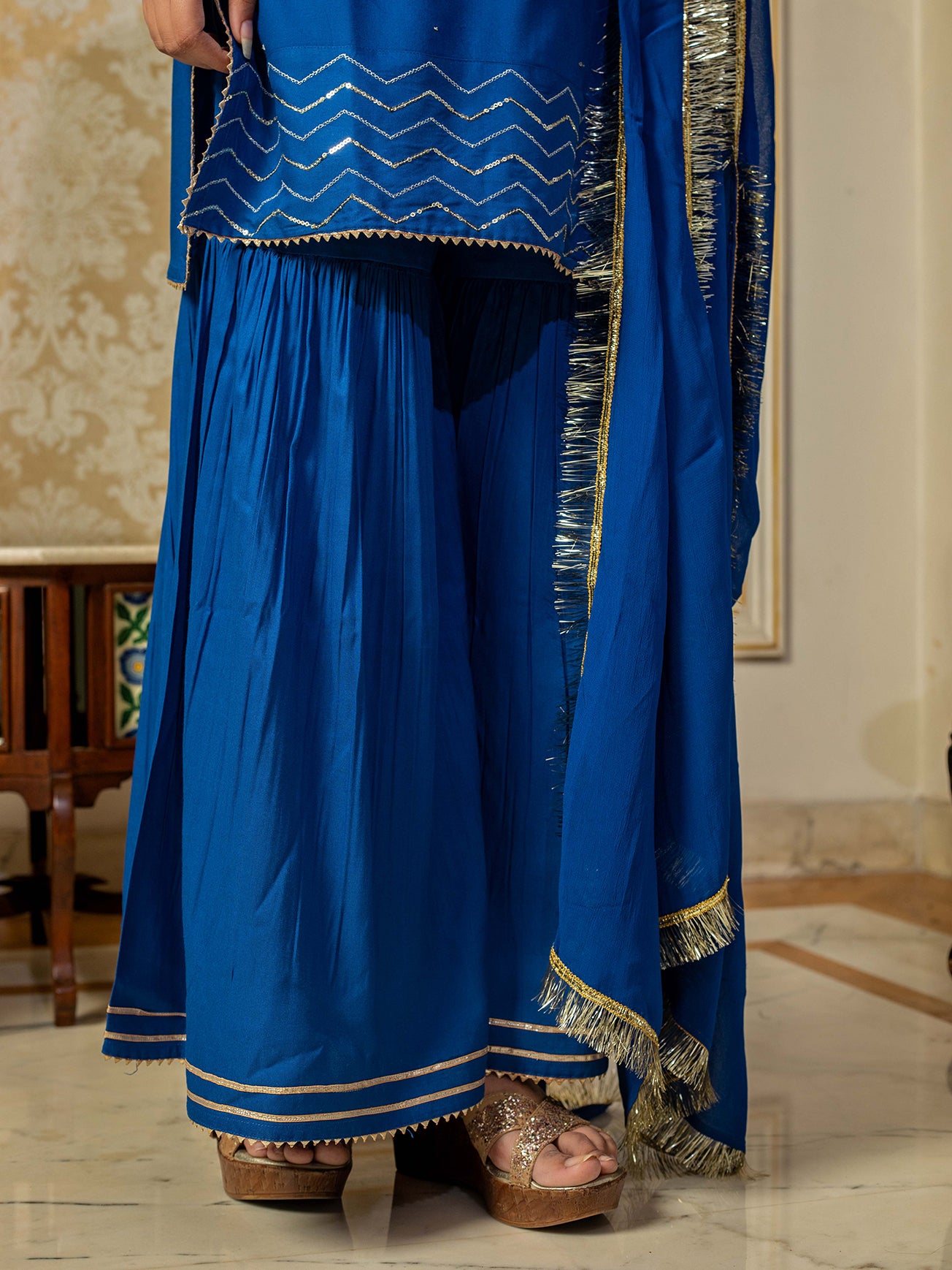 SEQUIN WORK EMBROIDERED BLUE KURTA WITH SHARARA AND DUPATTA (SET OF 3)