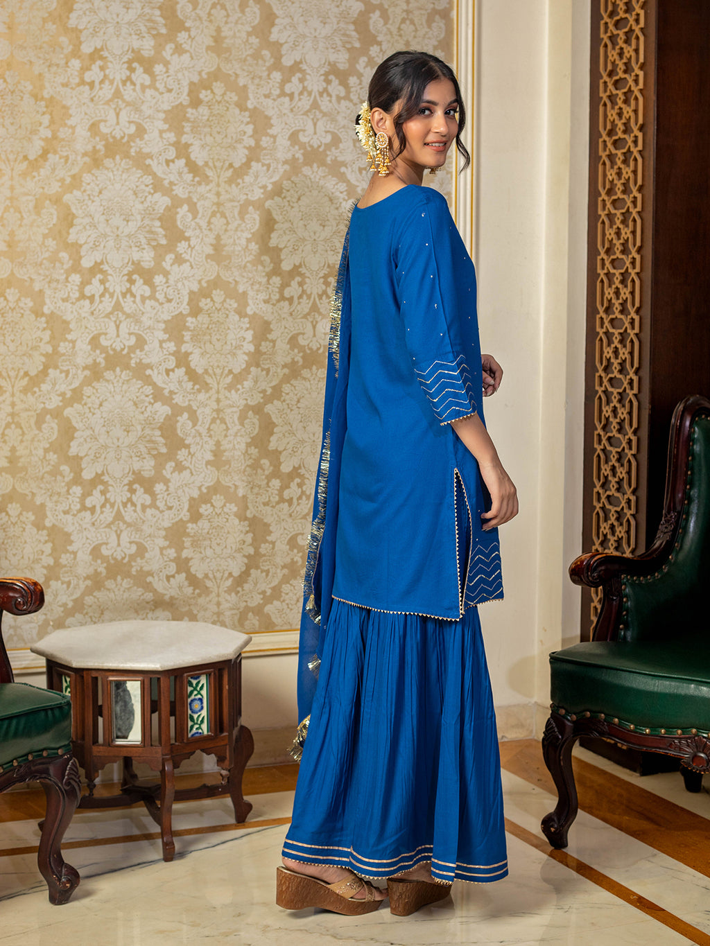 SEQUIN WORK EMBROIDERED BLUE KURTA WITH SHARARA AND DUPATTA (SET OF 3)