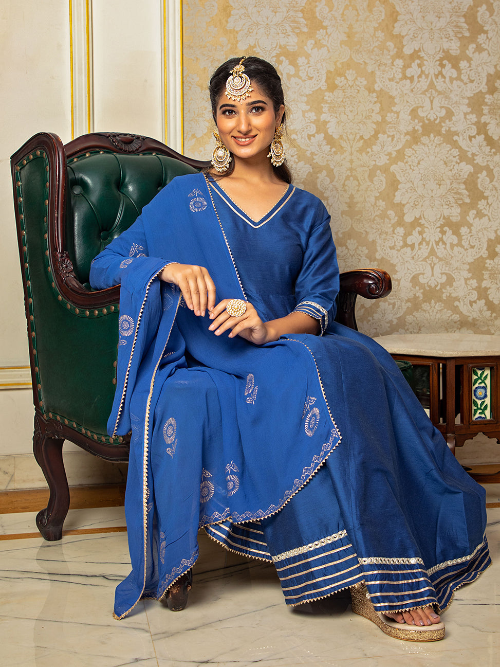 SOLID BLUE  ANARKALI WITH GOLD PRINTED DUPATTA AND PANT