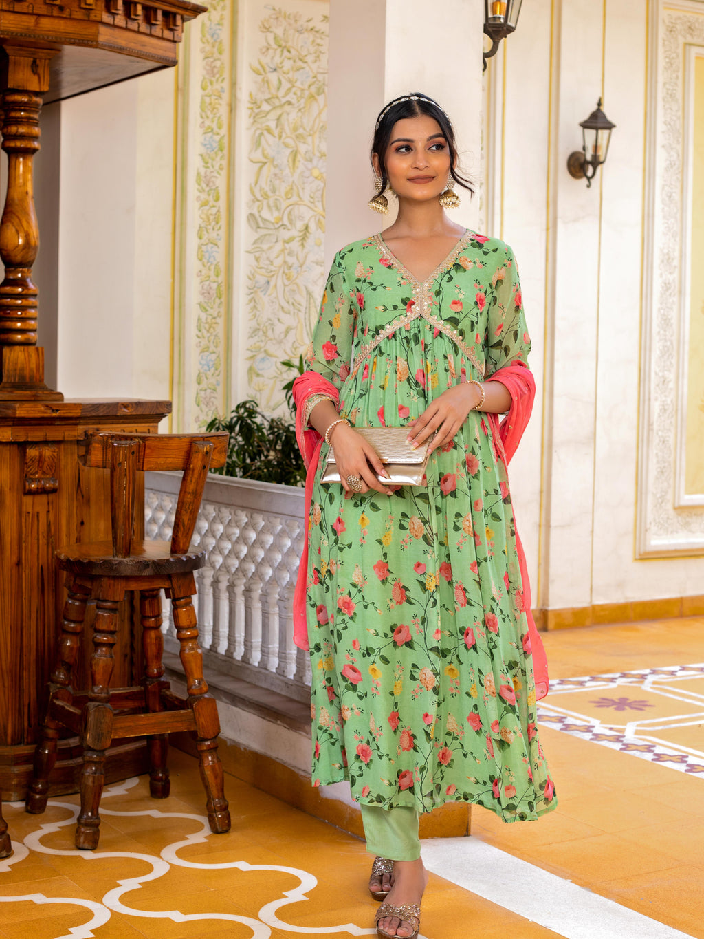 Pastel Green Floral printed Anarkali Set With Embroidered Dupatta