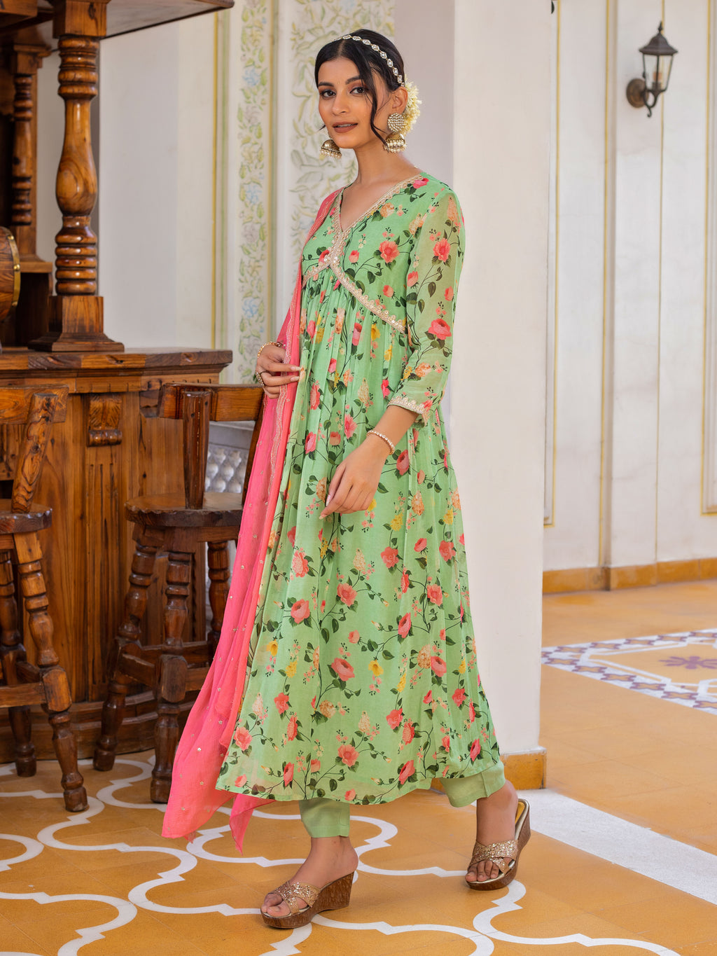 Pastel Green Floral printed Anarkali Set With Embroidered Dupatta