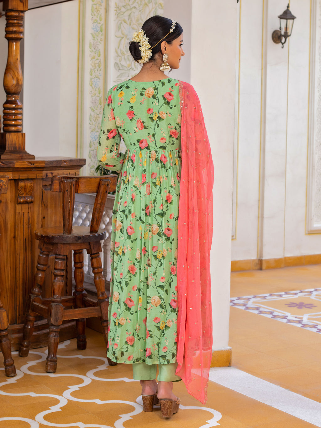 Pastel Green Floral printed Anarkali Set With Embroidered Dupatta