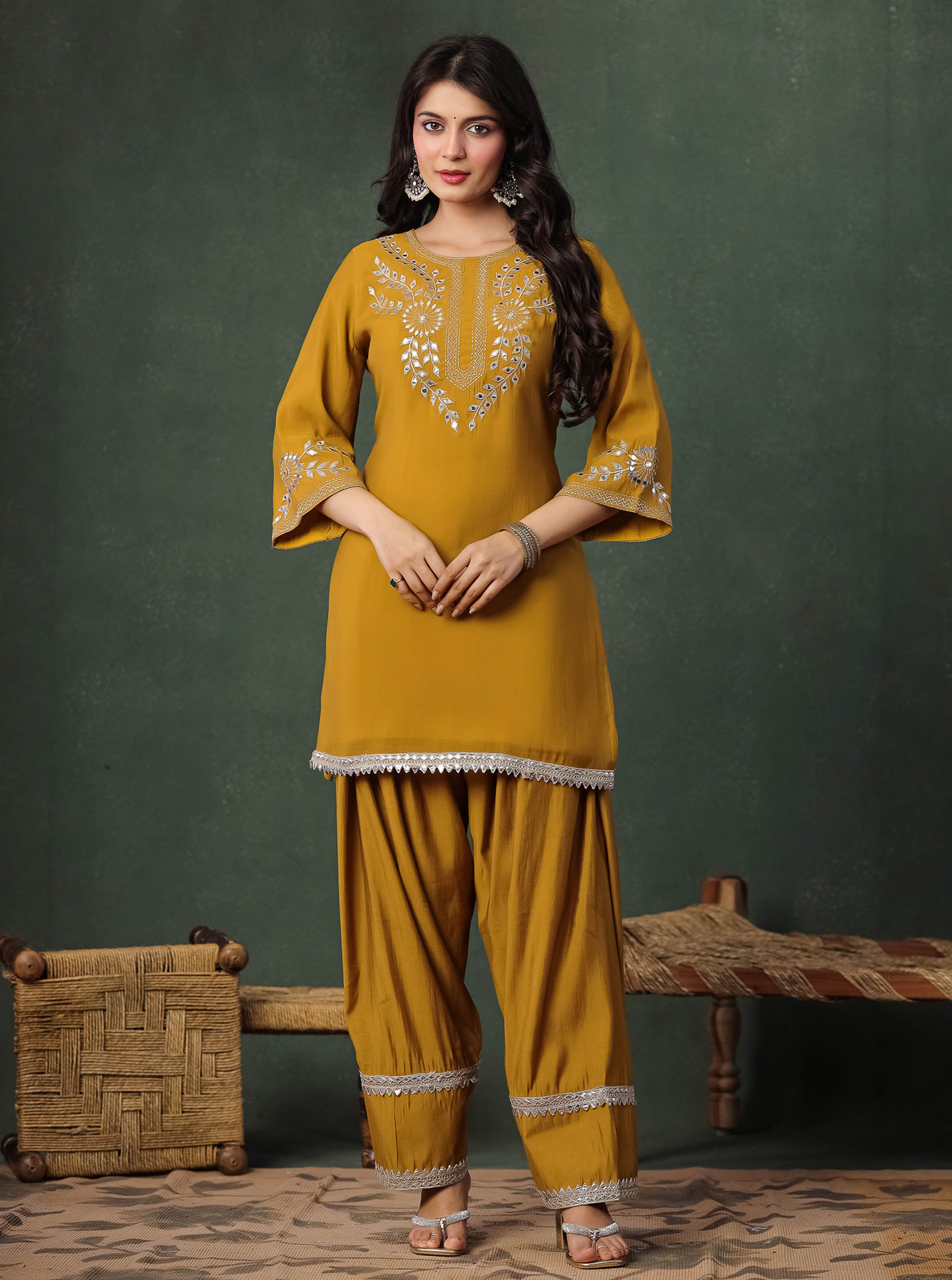 Mustard Embroidered Kurta & Plane Palazzo