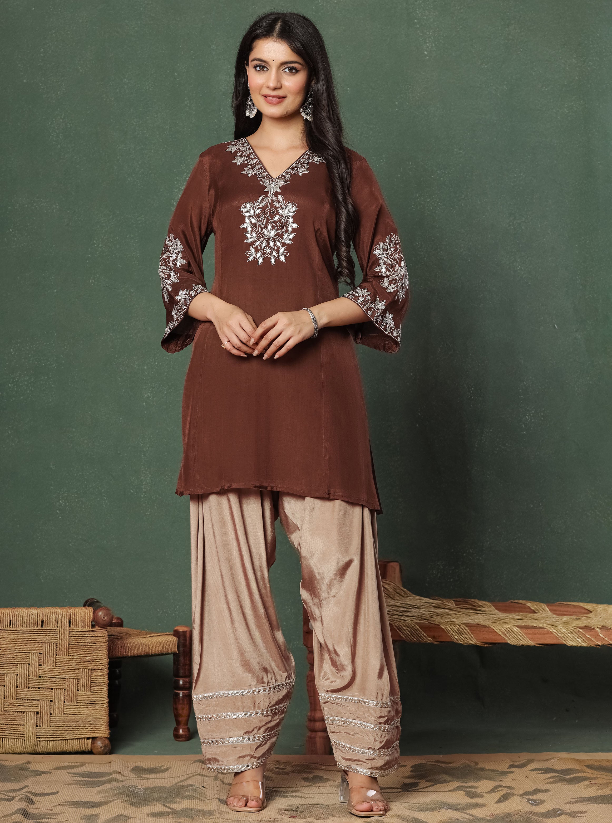 Brown Embroidered Kurta With Farshi Salwar And Dupatta