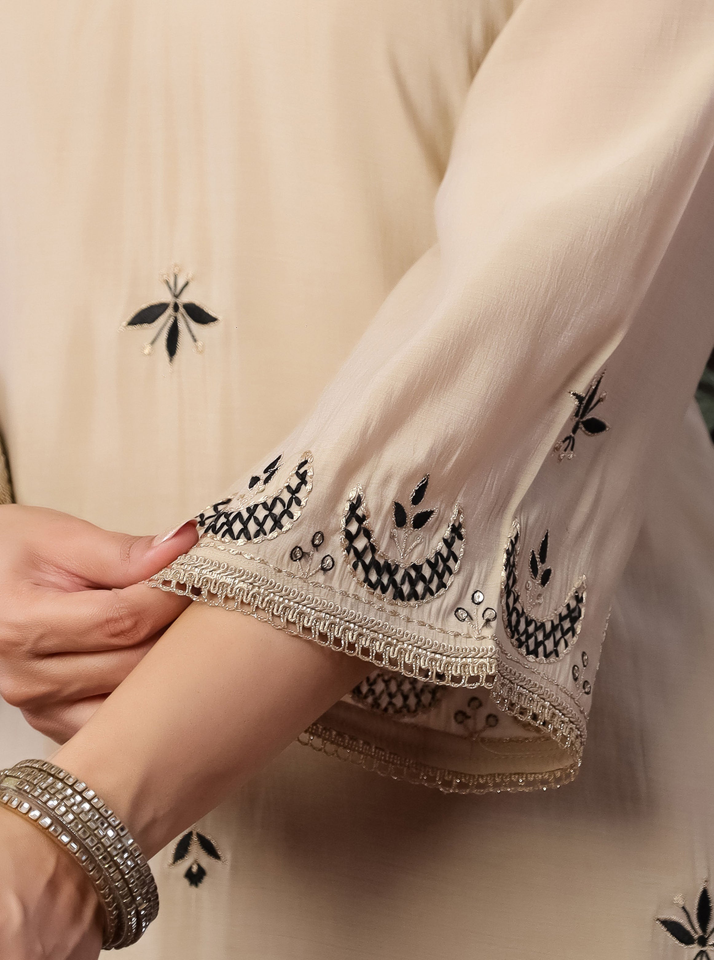 Beige Viscose Embroidered Kurta With Farshi Salwar And Dupatta