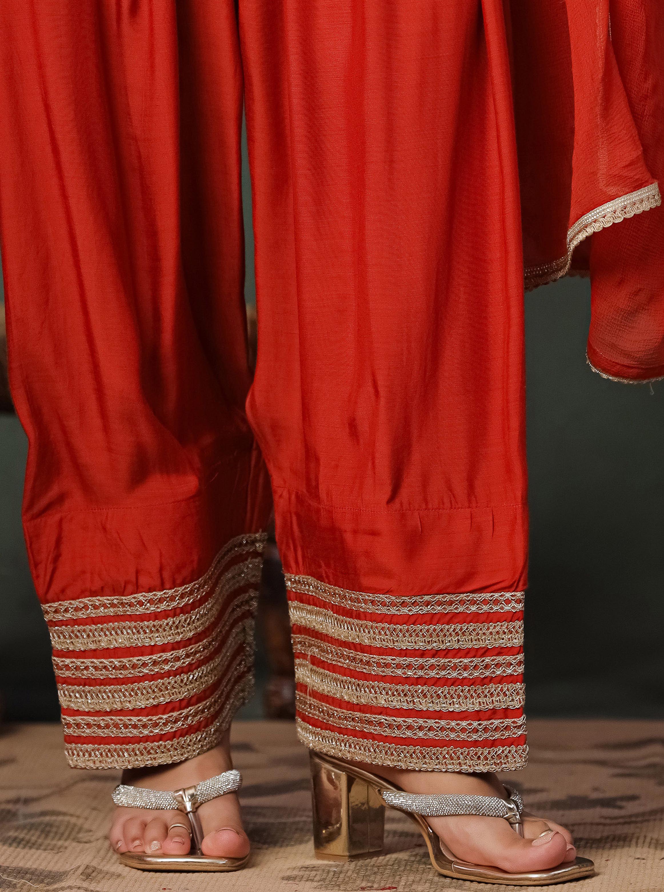 Orange Viscose Kurta With Farshi Salwar And Dupatta
