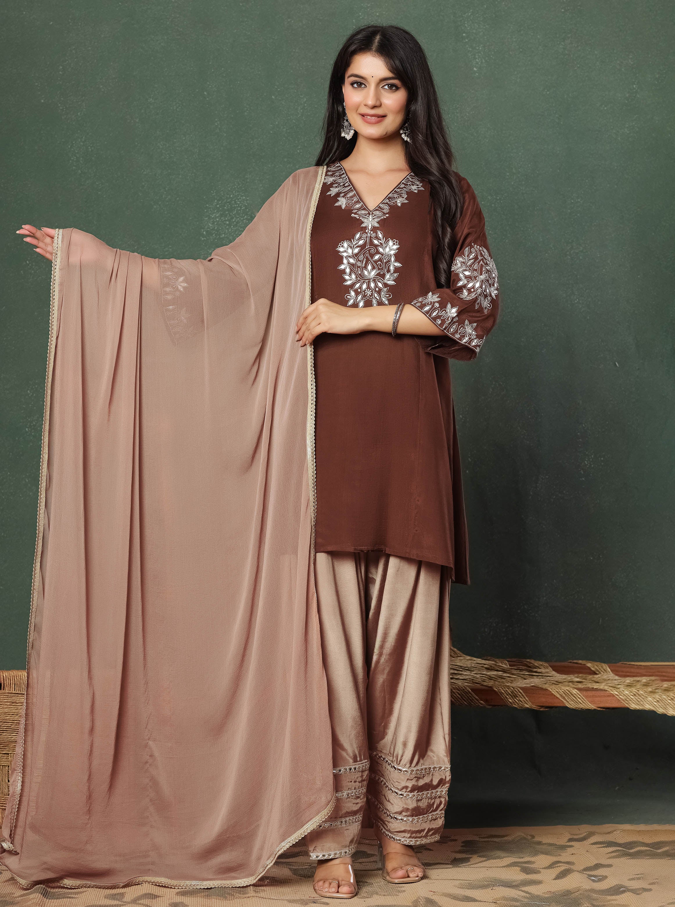 Brown Embroidered Kurta With Farshi Salwar And Dupatta