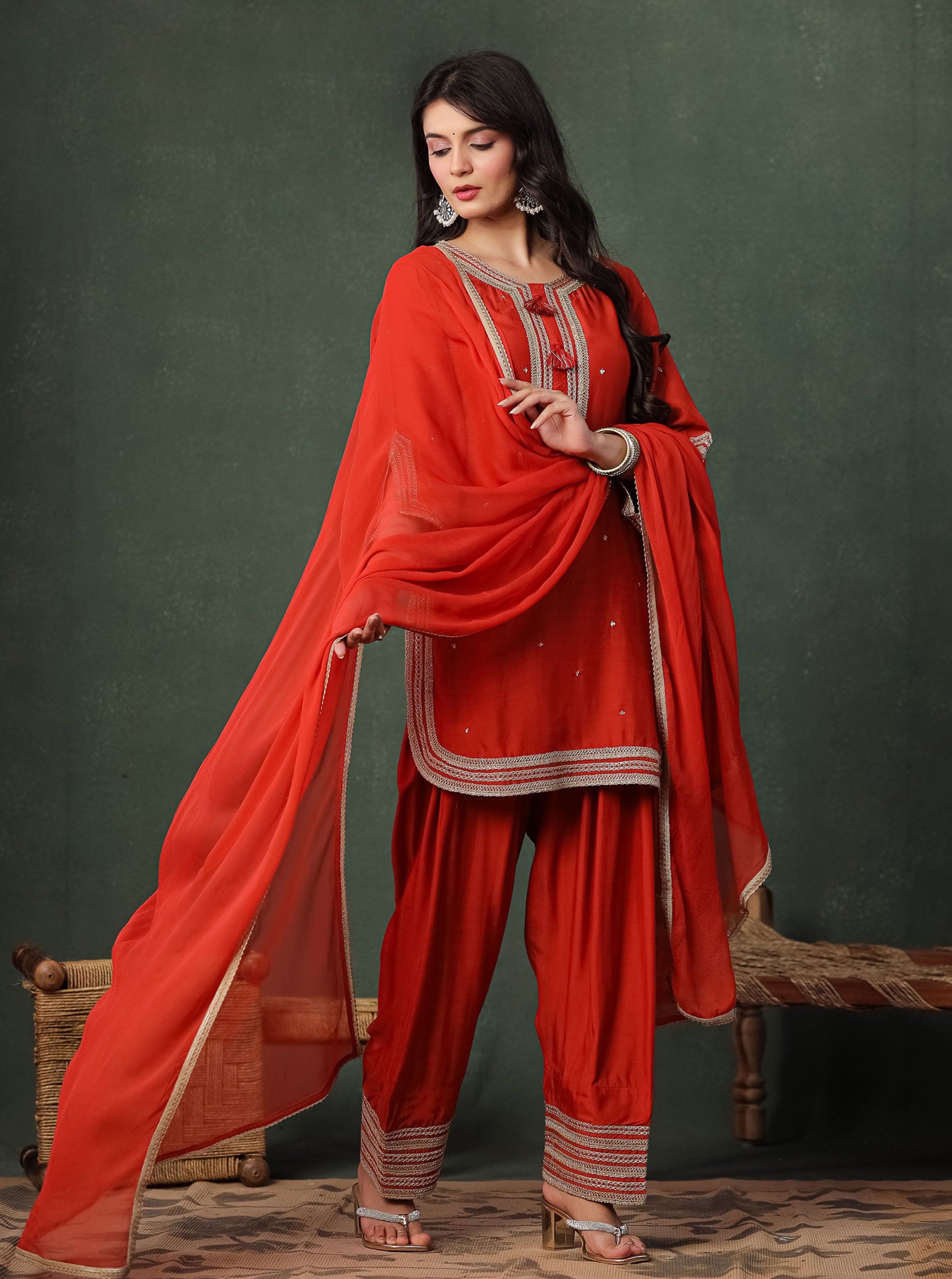 Orange Viscose Kurta With Farshi Salwar And Dupatta