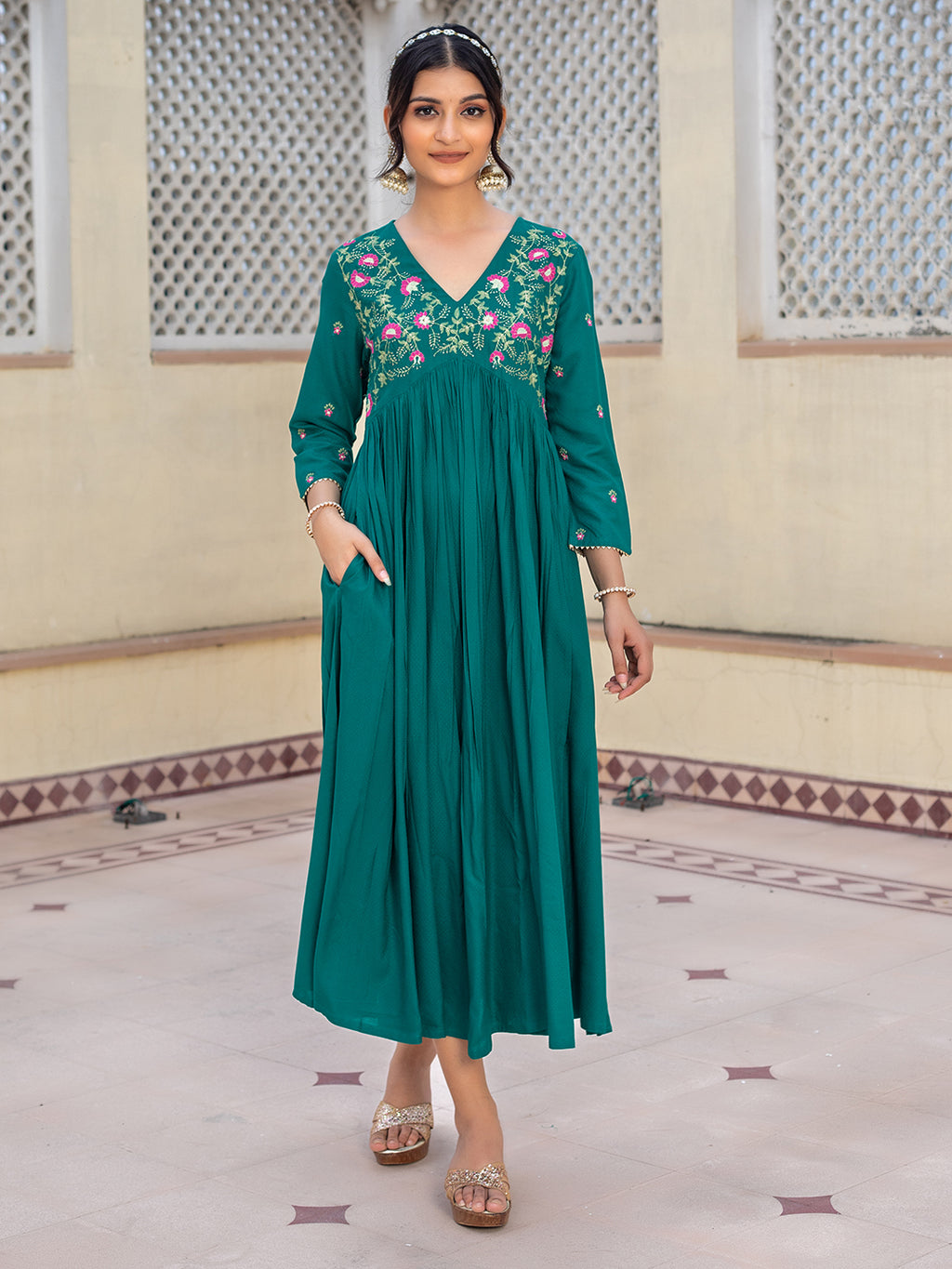 Green Viscose Floral Embroidered A-line Dress