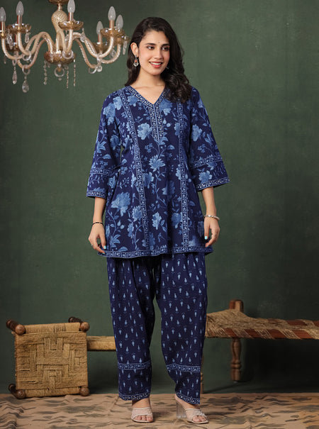 Indigo Blue Cotton Farshi Co-ord Set
