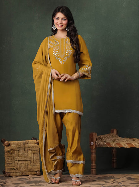 Mustard Embroidered Kurta & Plane Palazzo