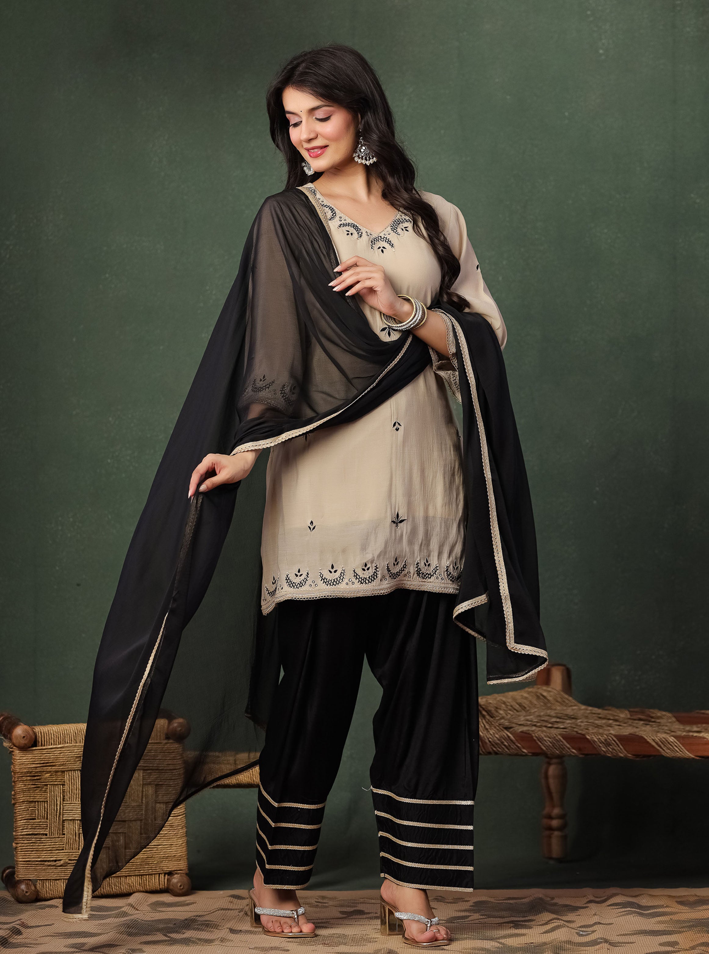 Beige Viscose Embroidered Kurta With Farshi Salwar And Dupatta
