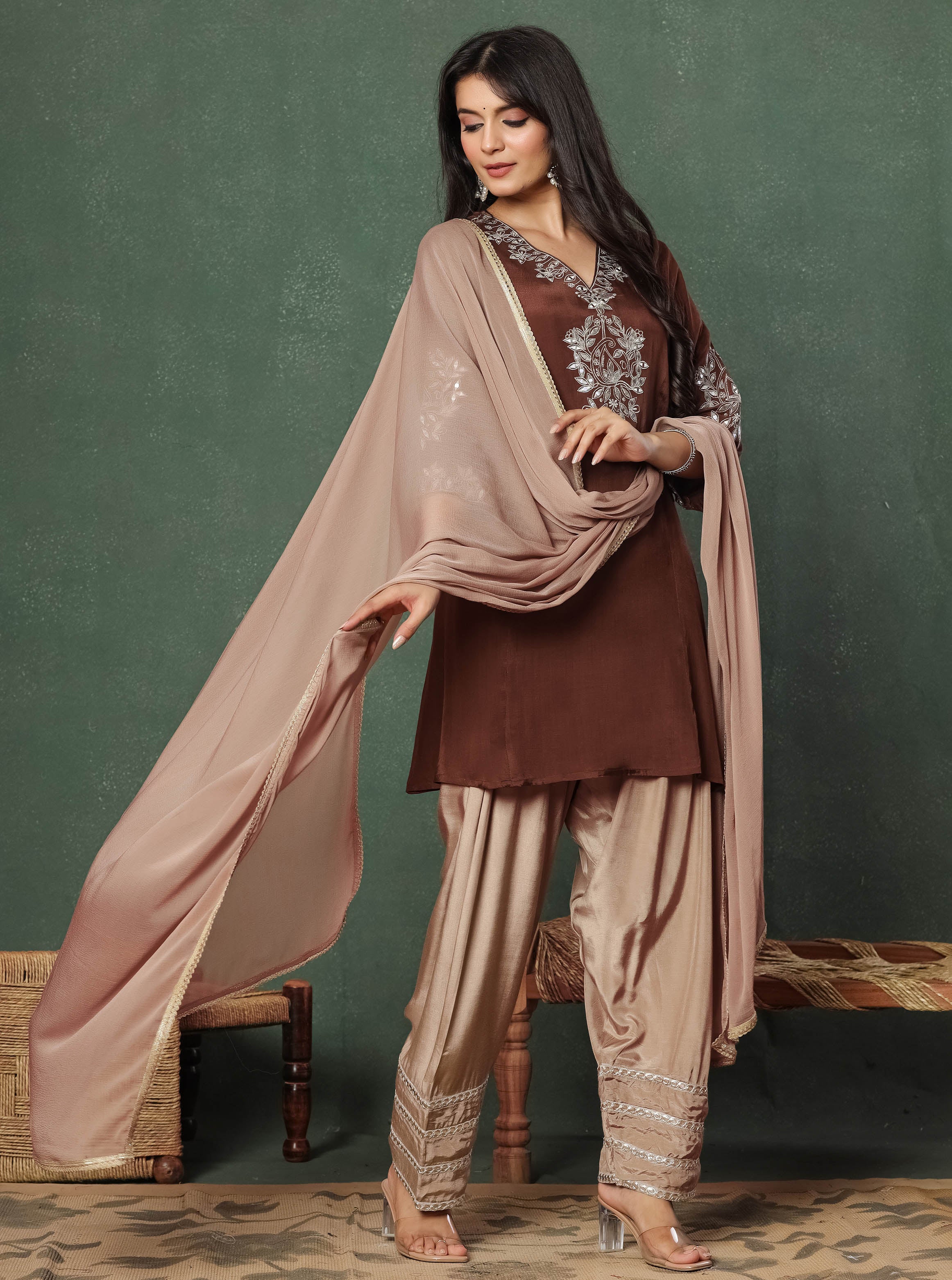 Brown Embroidered Kurta With Farshi Salwar And Dupatta