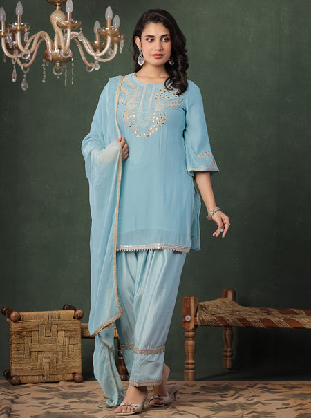 Sky Blue Embroidered Kurta With Farshi Salwar And Dupatta
