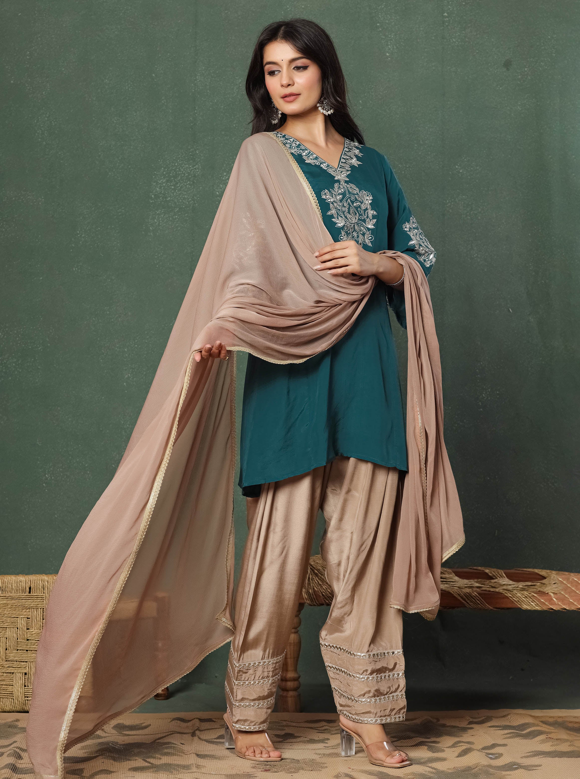Green Embroidered Kurta With Farshi Salwar And Dupatta