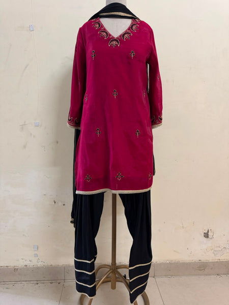 Maroon Viscose Embroidered Kurta With Farshi Salwar And Dupatta