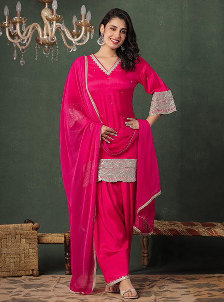 Pink Viscose Kurta With Farshi Salwar And Dupatta