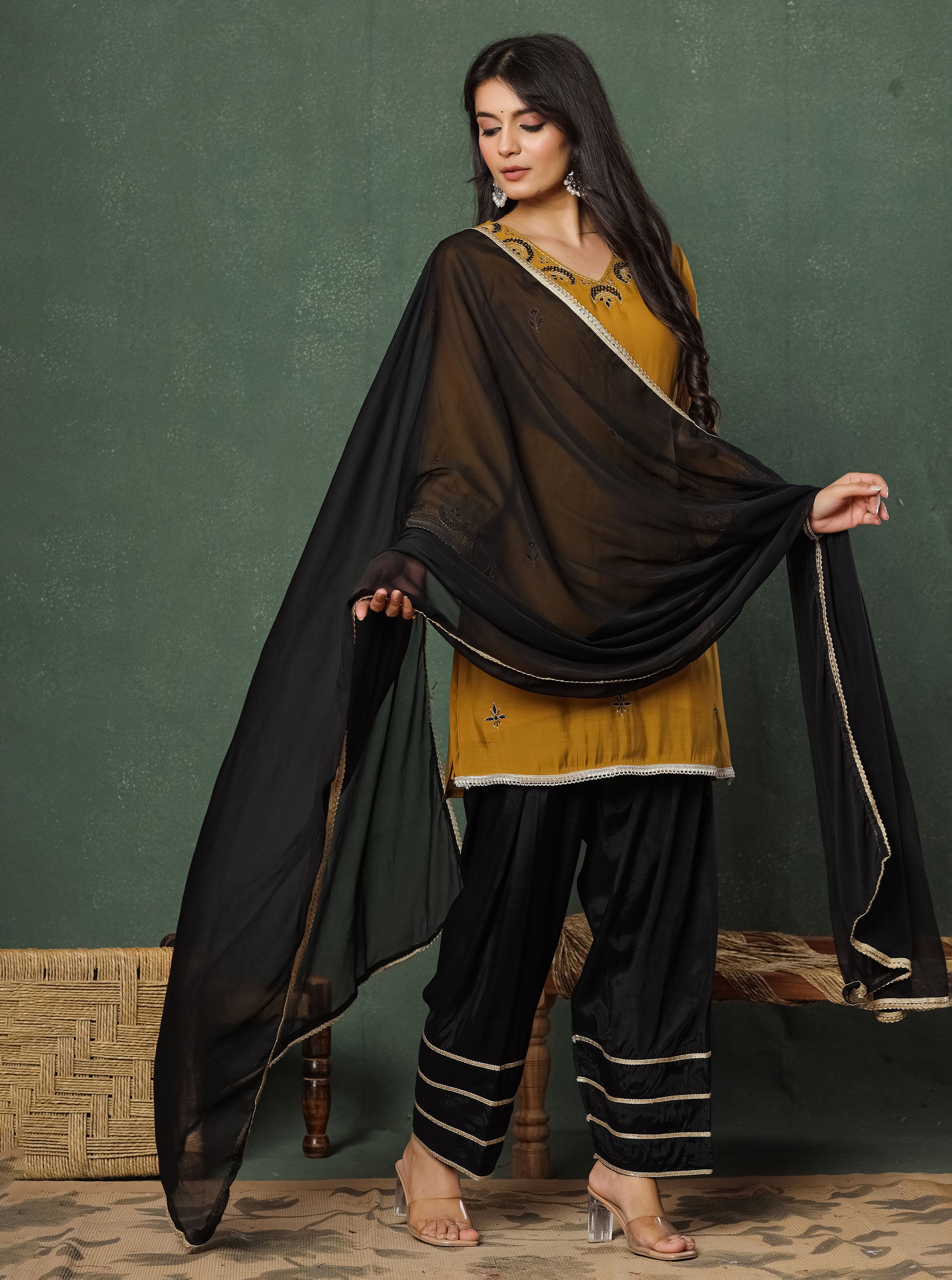 Mustard Embroidered Kurta With Farshi Salwar And Dupatta