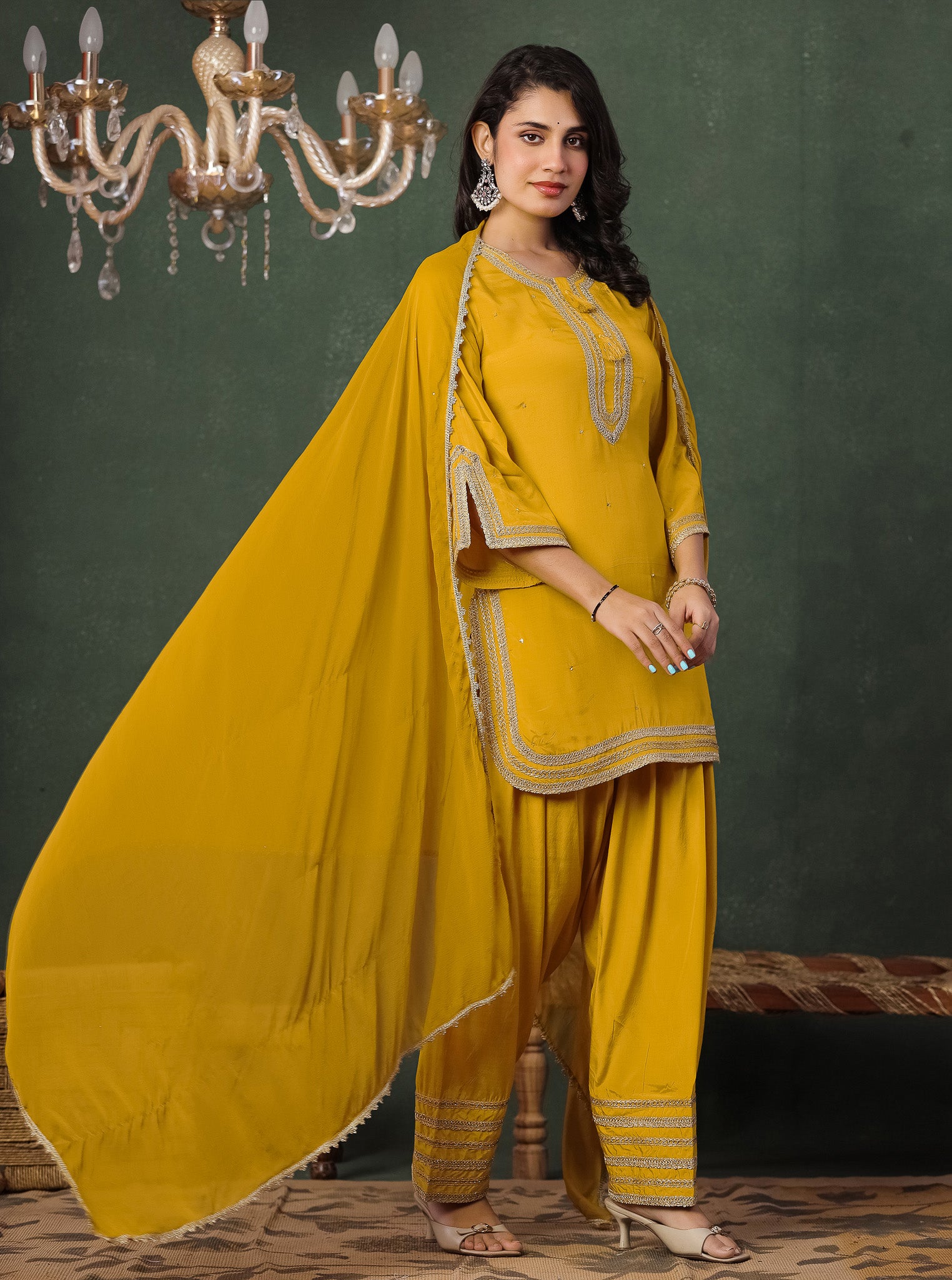 Golden Yellow Viscose Kurta With Farshi Salwar And Dupatta