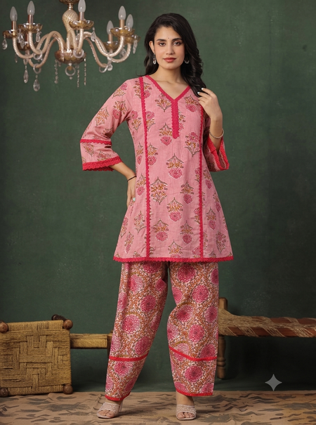Pink Floral Block Printed Kurta With Farshi Salwar