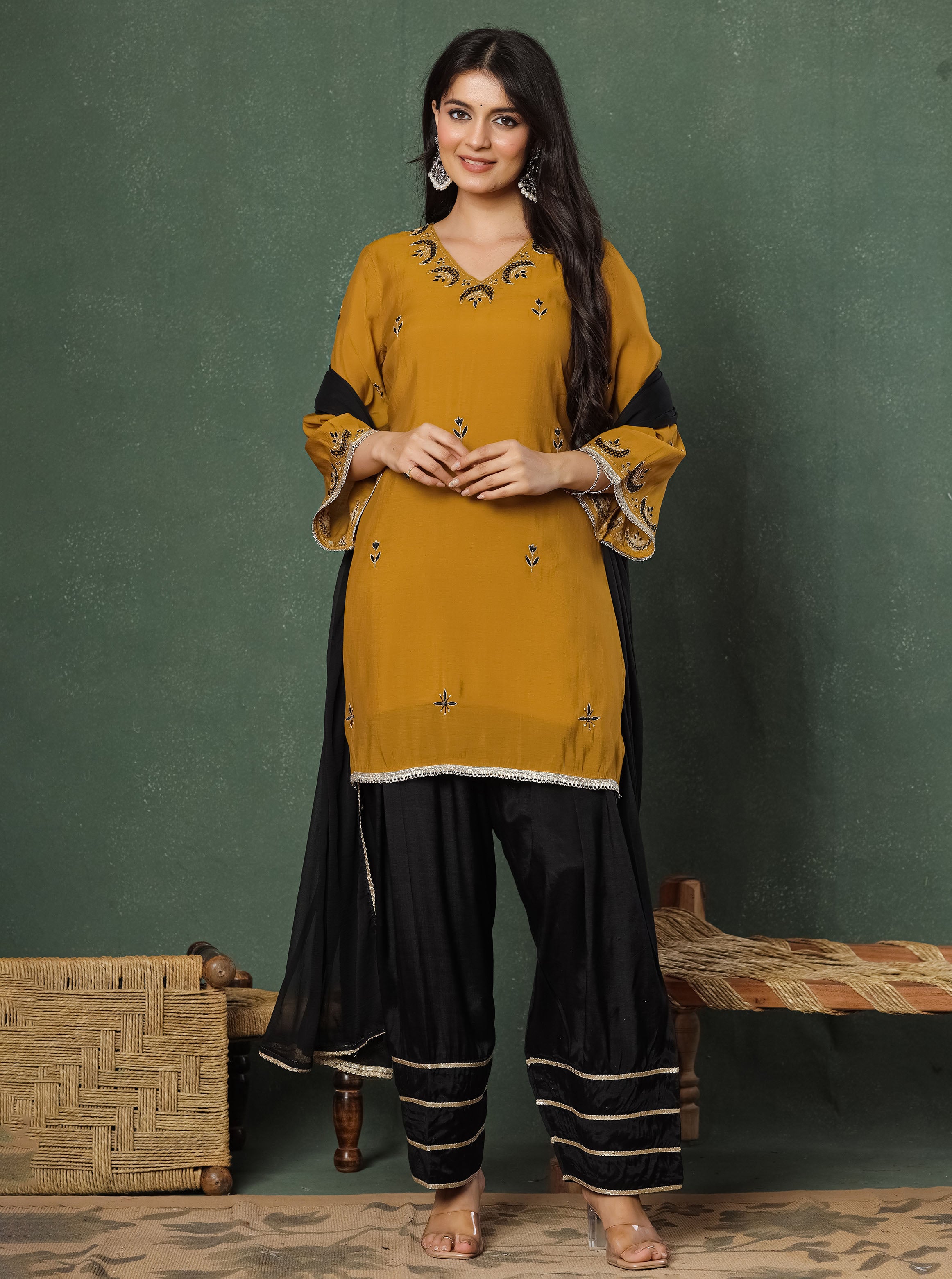 Mustard Embroidered Kurta With Farshi Salwar And Dupatta