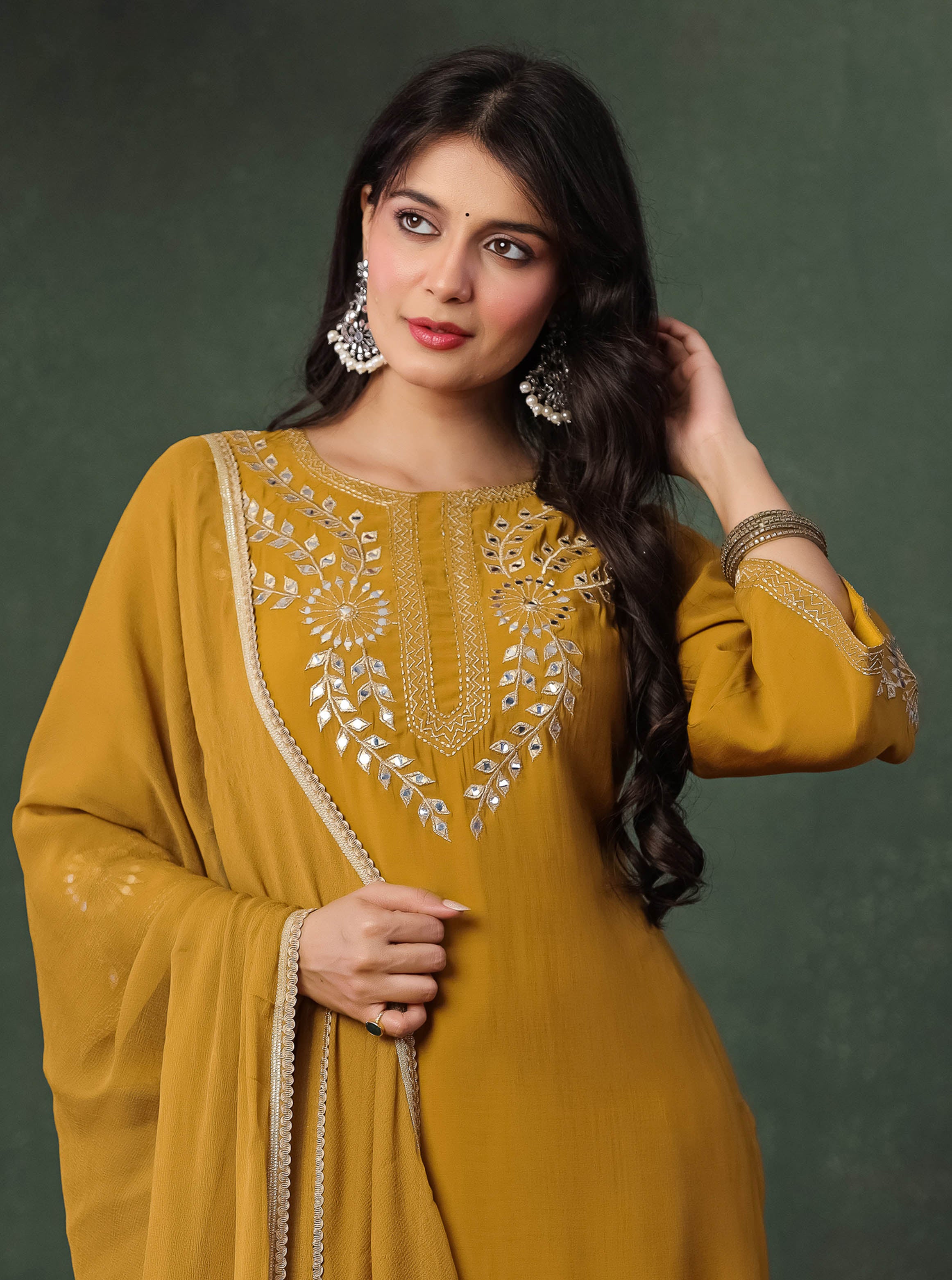 Mustard Embroidered Kurta & Plane Palazzo