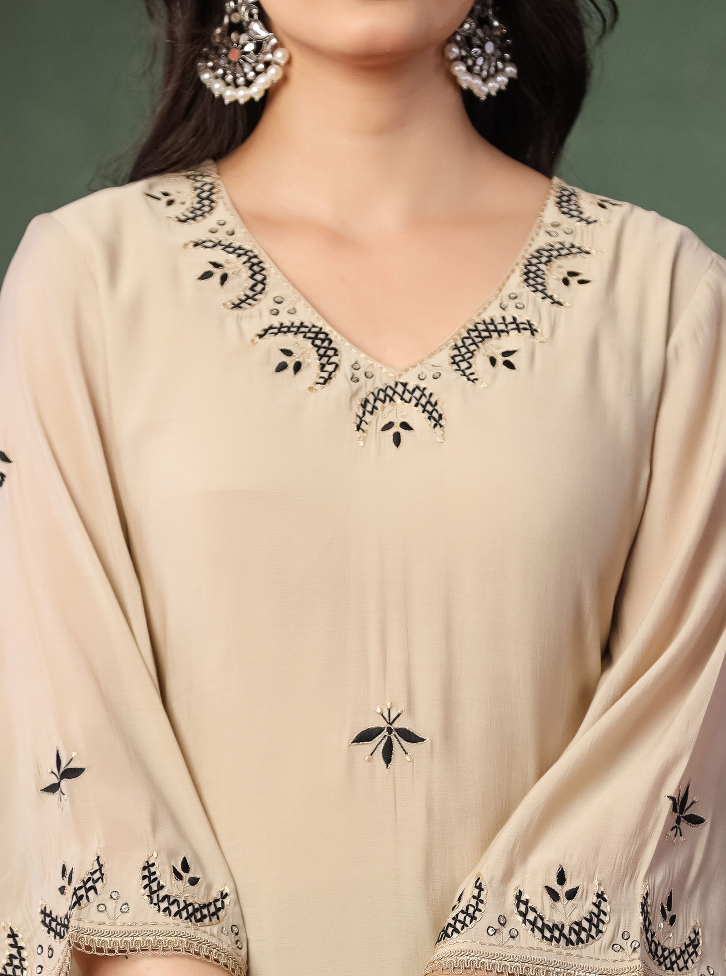 Beige Viscose Embroidered Kurta With Farshi Salwar And Dupatta