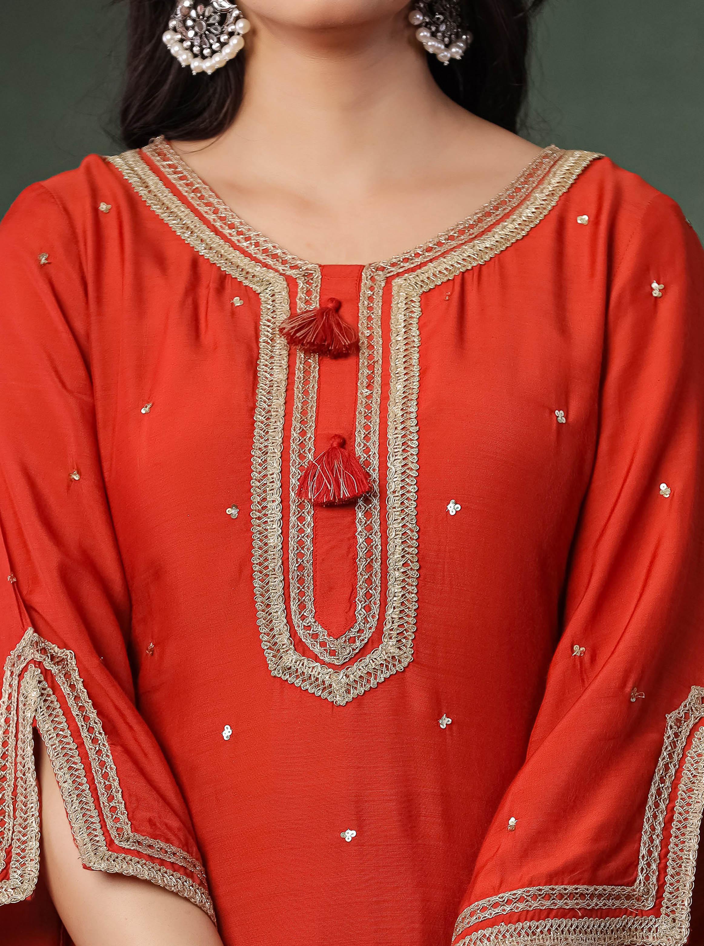 Orange Viscose Kurta With Farshi Salwar And Dupatta