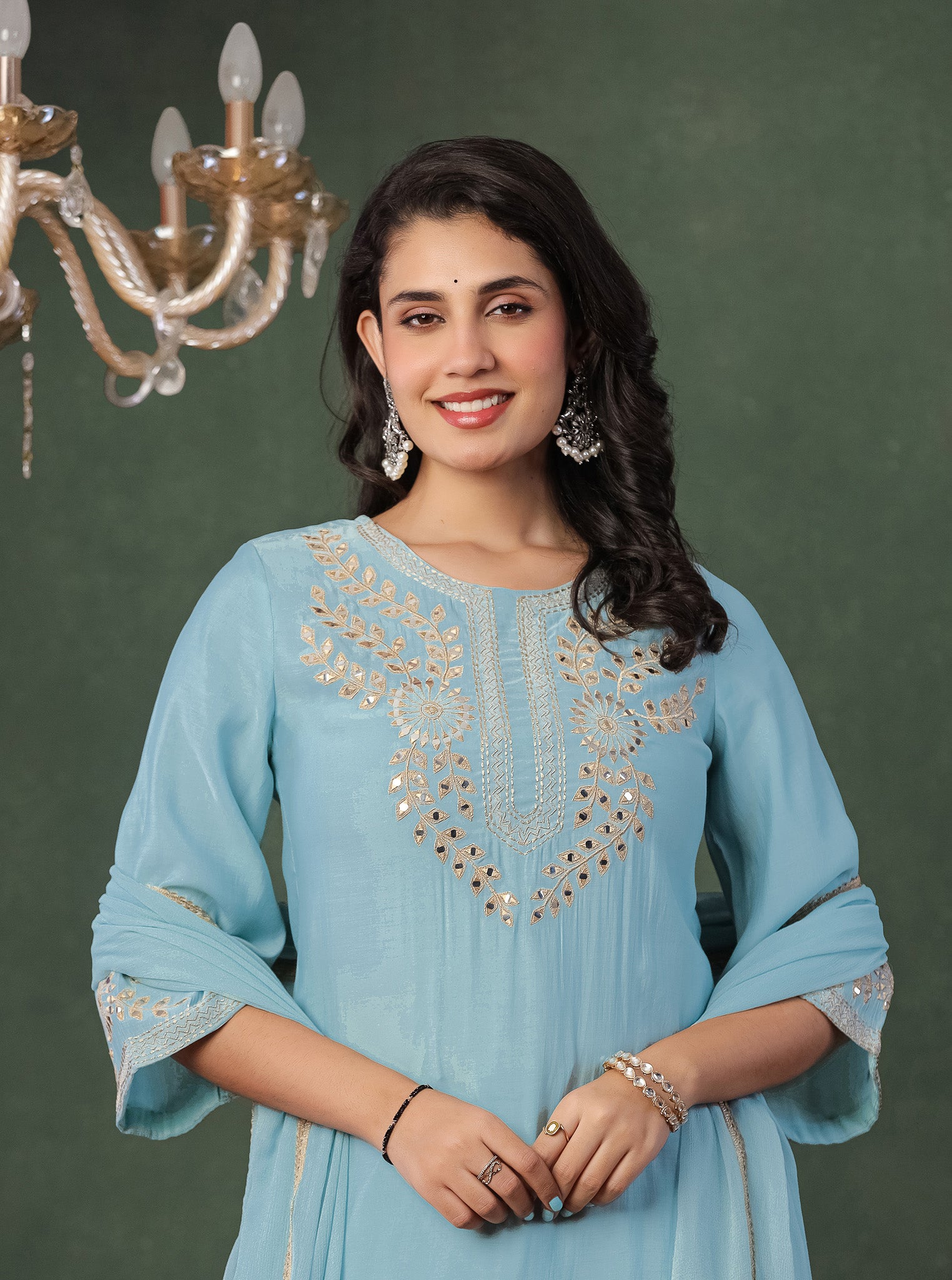 Sky Blue Embroidered Kurta With Farshi Salwar And Dupatta