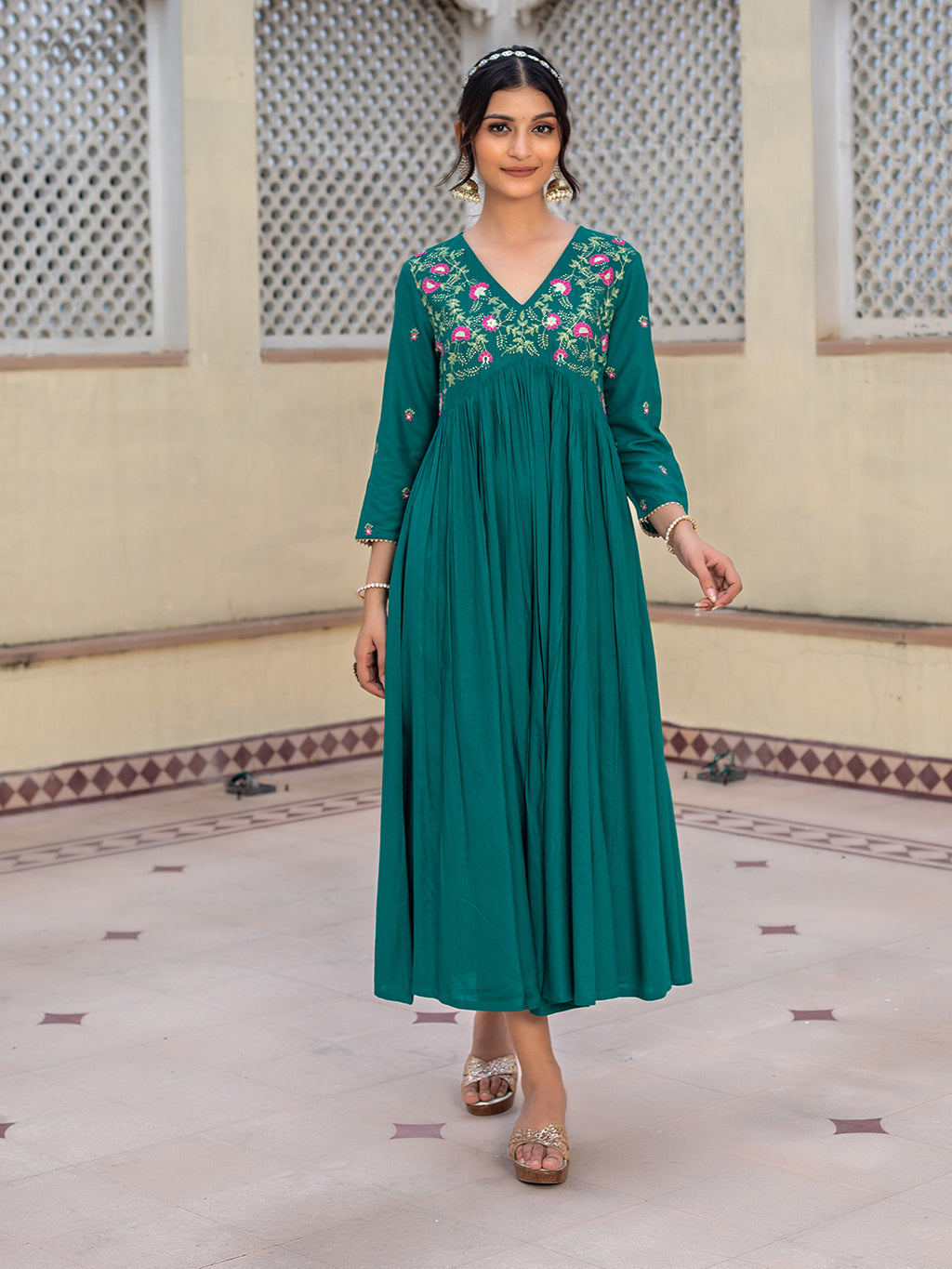 Green Viscose Floral Embroidered A-line Dress