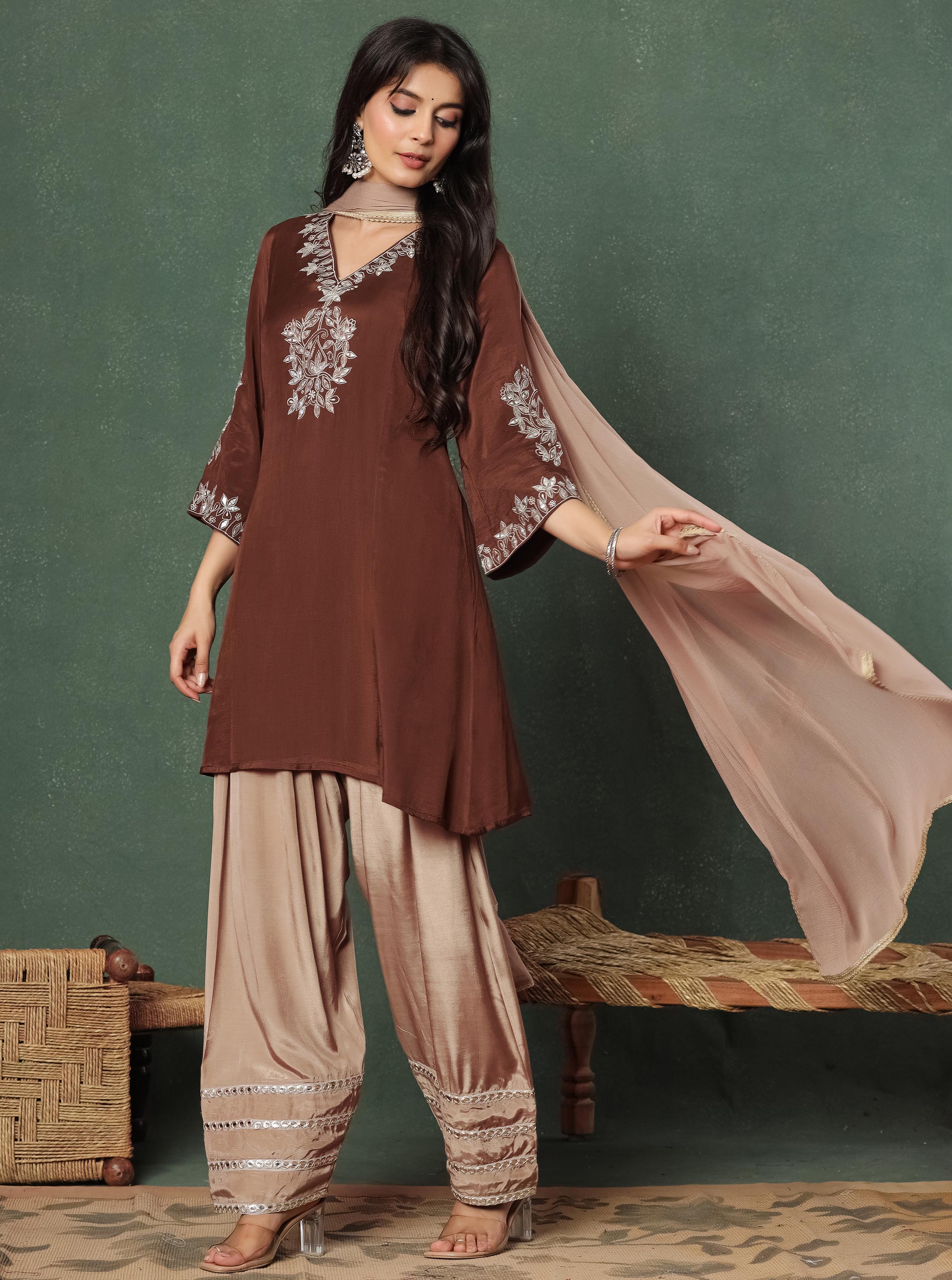 Brown Embroidered Kurta With Farshi Salwar And Dupatta