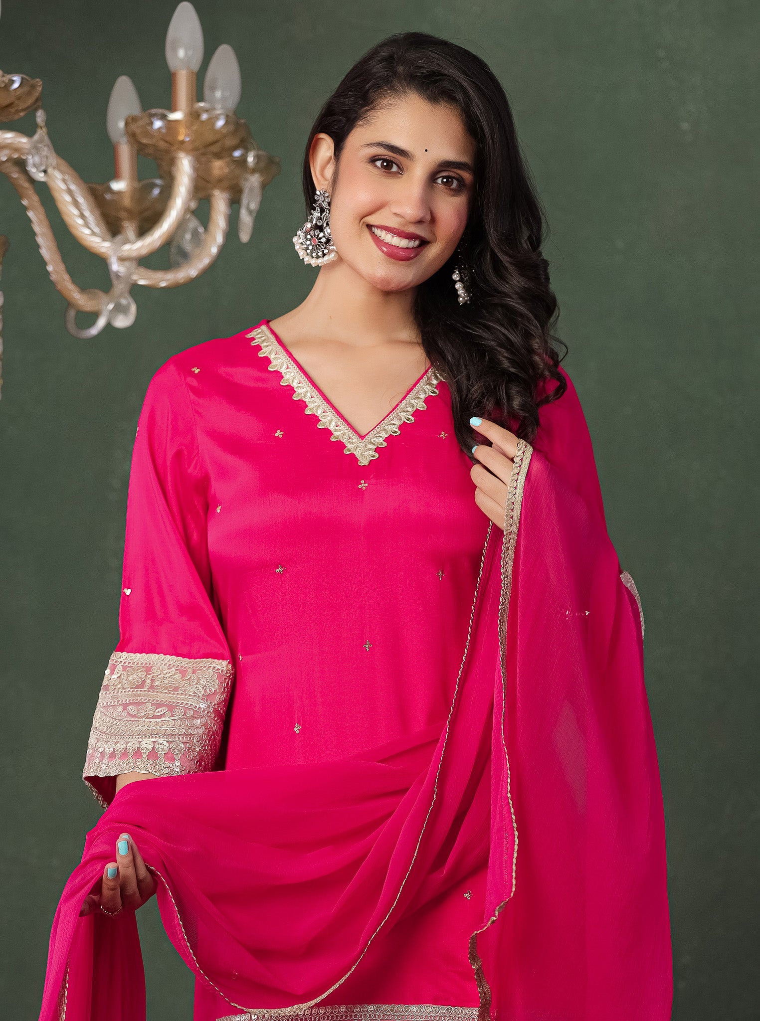 Pink Viscose Kurta With Farshi Salwar And Dupatta